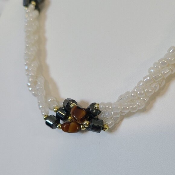 Beaded Necklace Hematite Stone white Irridescent Glass Beads Multi Strand Twist - Picture 4 of 7